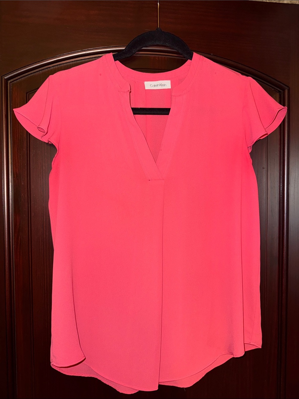 Calvin Klein Coral Pink Split V-Neck Flutter Sleeve Blouse